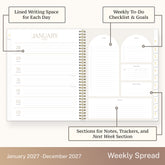 2027 weekly spread features ample lined writing space for to do lists, notes section, reference calendars, bullet points, and monthly tabs