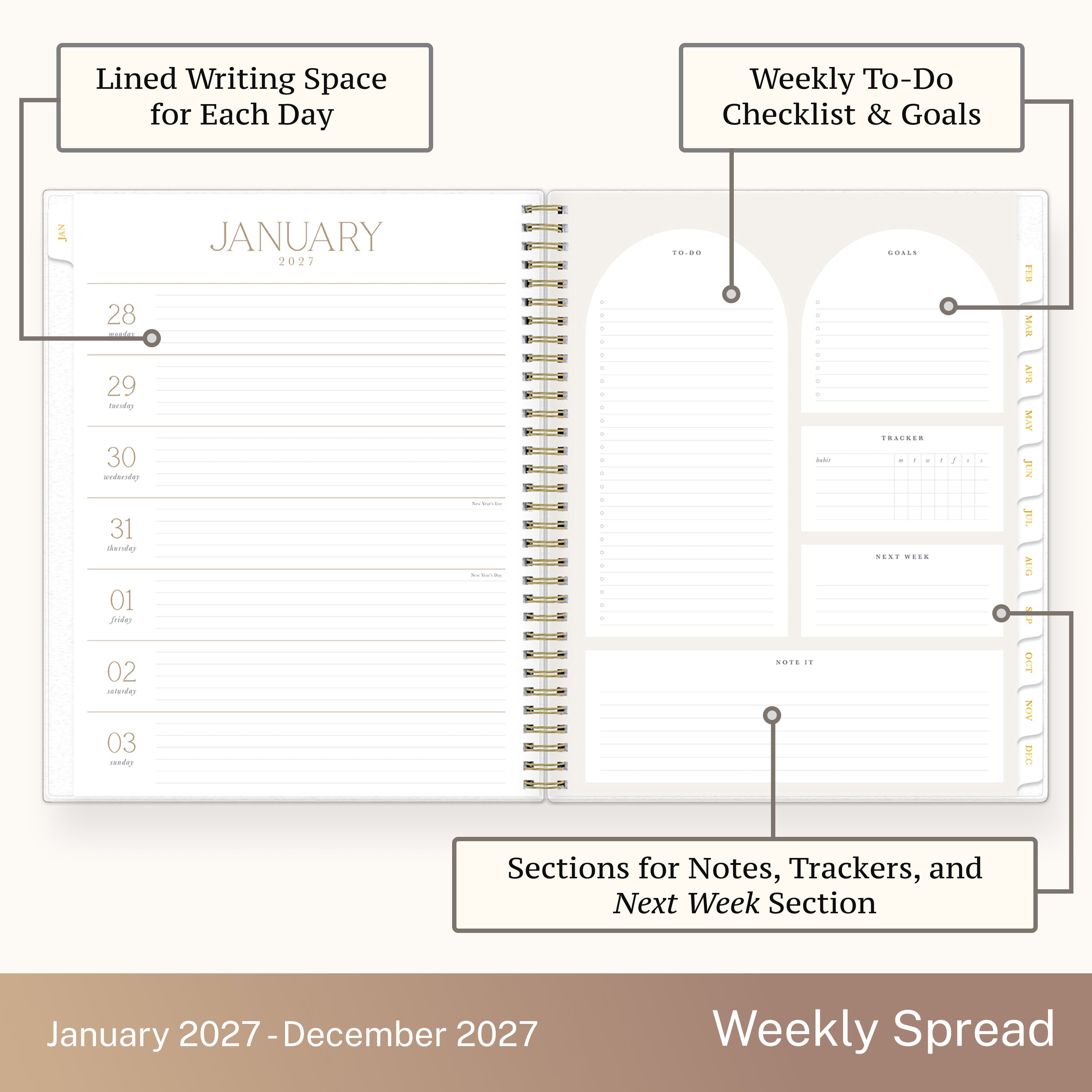 2027 weekly spread features ample lined writing space for to do lists, notes section, reference calendars, bullet points, and monthly tabs