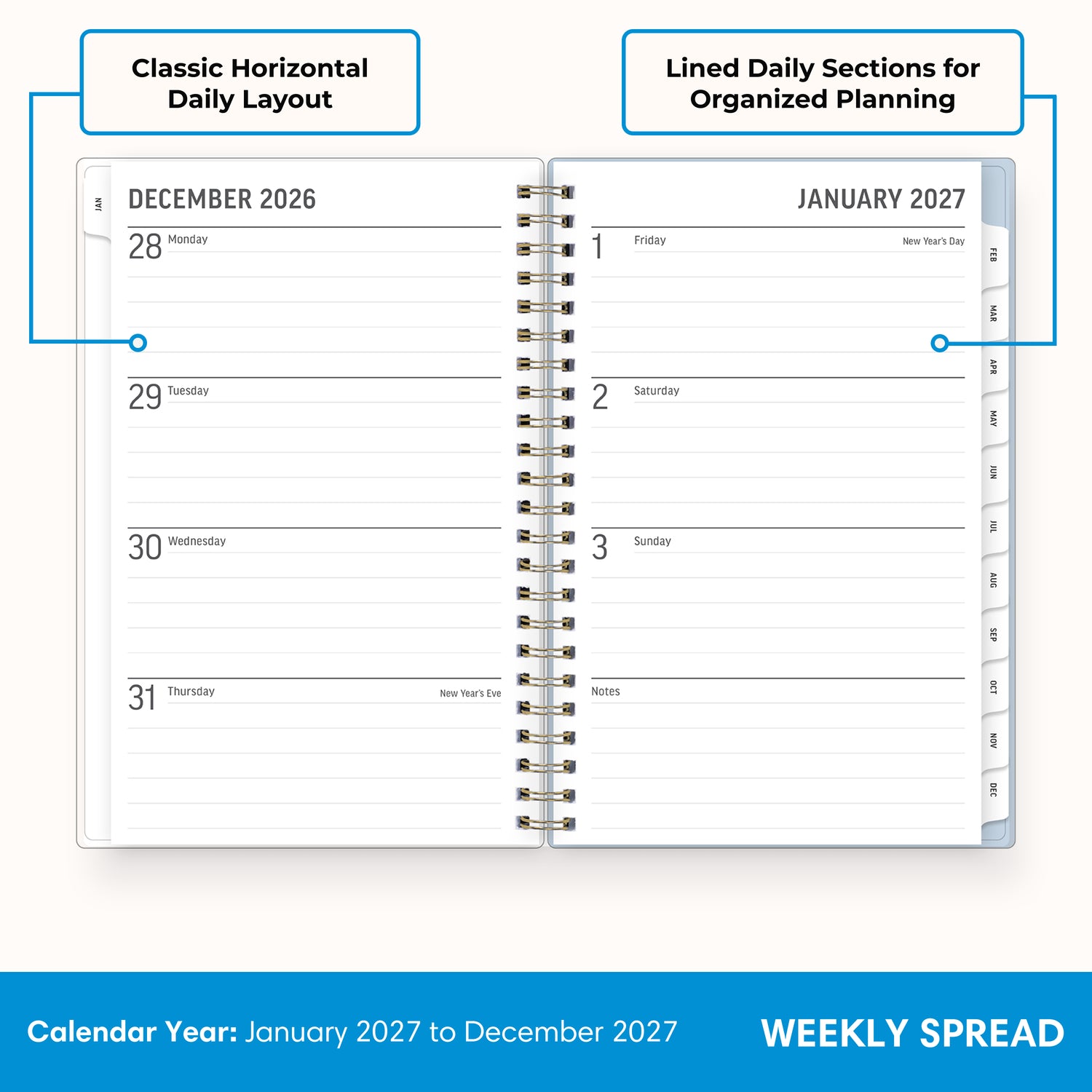 2027 weekly spread features ample lined writing space for to do lists, notes section, reference calendars, bullet points, and monthly tabs
