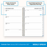 2027 weekly spread features ample lined writing space for to do lists, notes section, reference calendars, bullet points, and monthly tabs