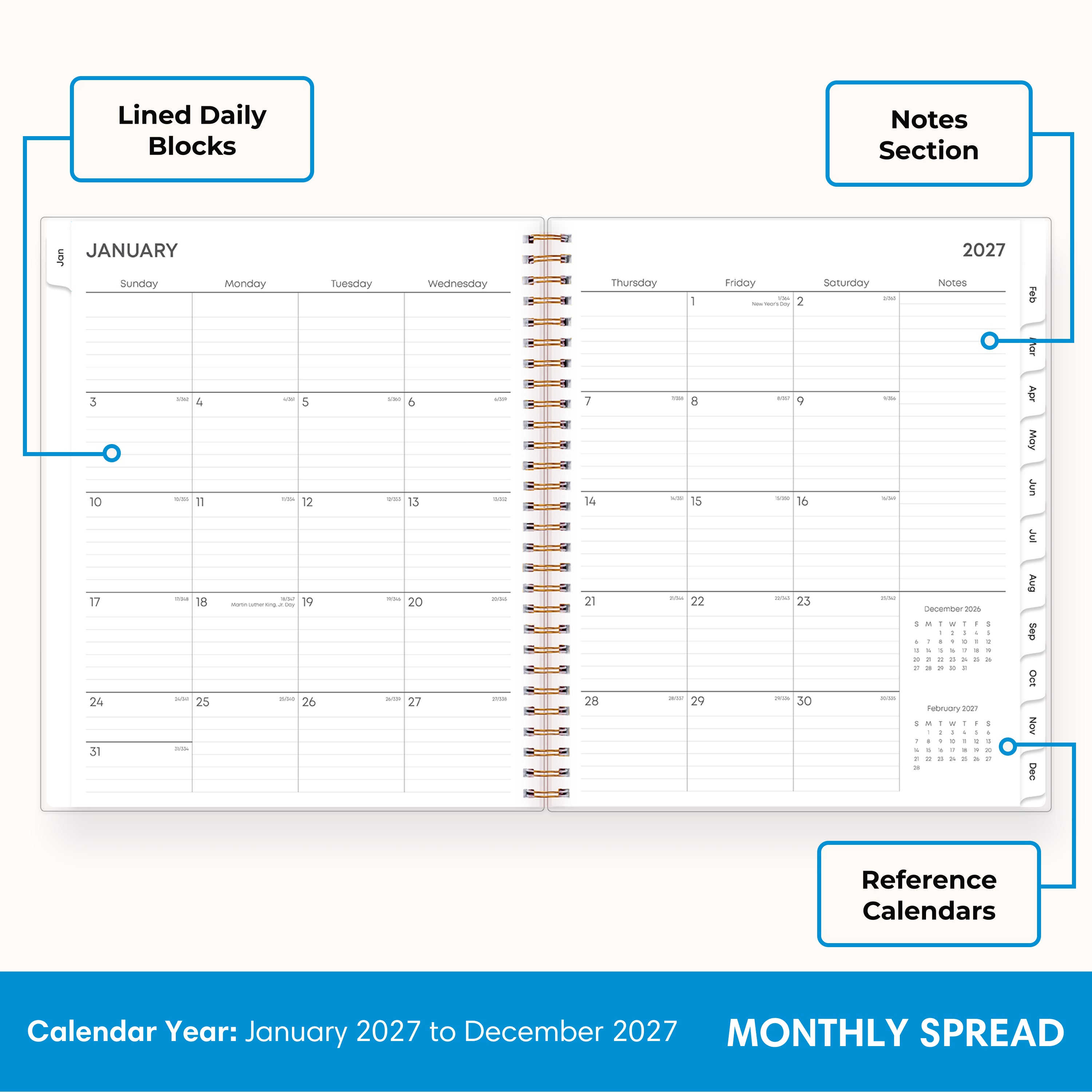 2027 monthly spread featuring ample blank writing space for each date, notes section, reference calendars, and monthly tabs