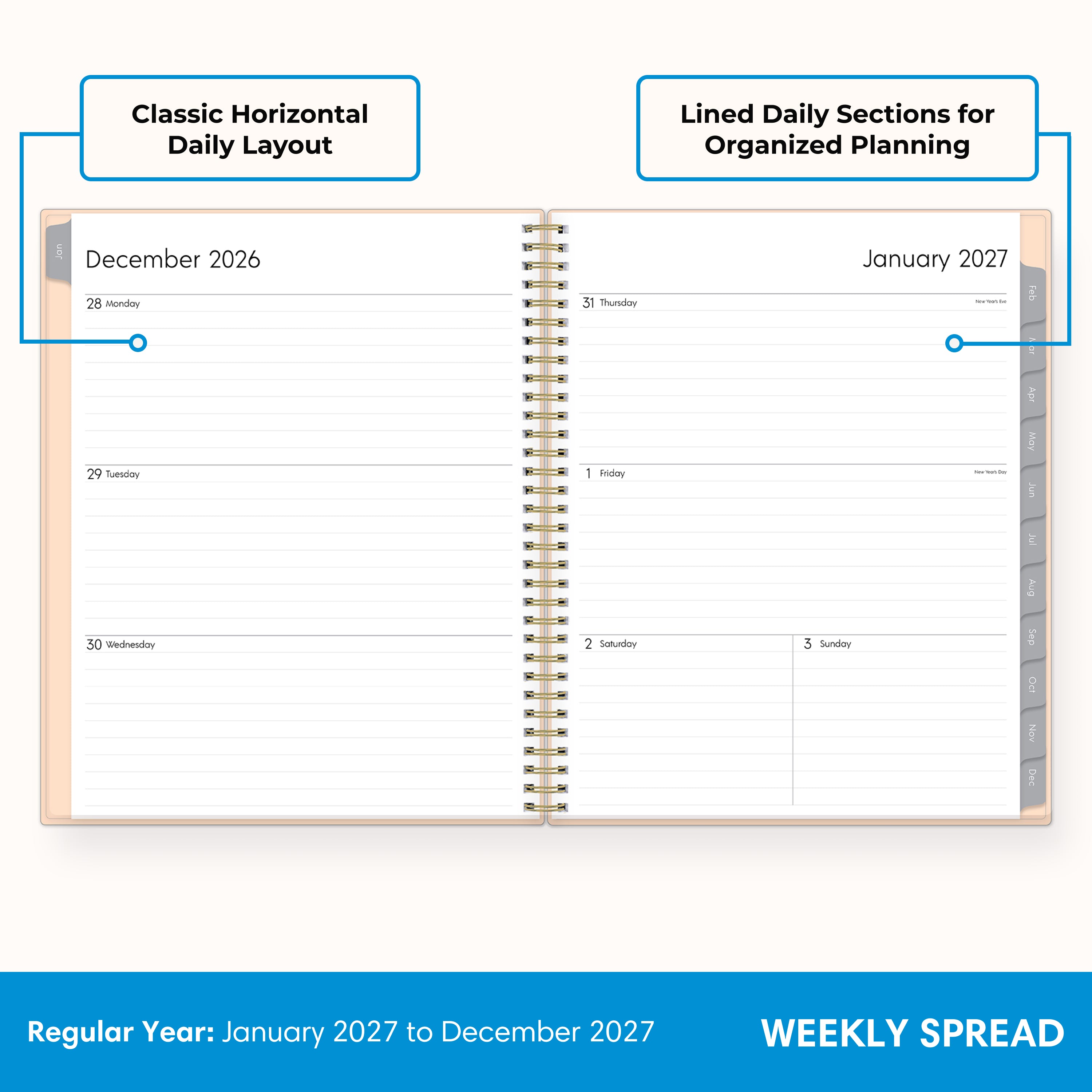 2027 weekly layout featuring lined writing space and organized sections for planning 8.5x11