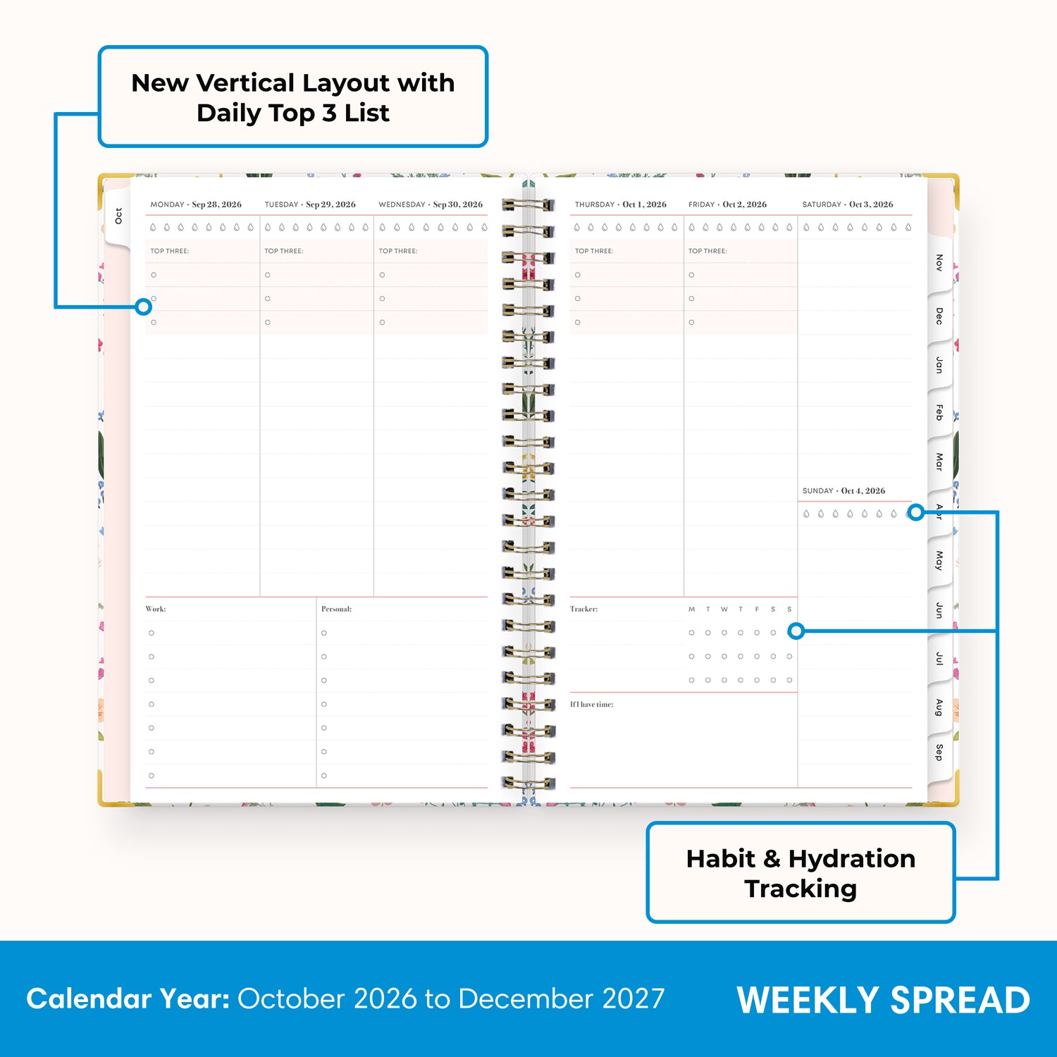 2027 weekly spread features ample lined writing space for to do lists, notes section, reference calendars, bullet points, and monthly tabs