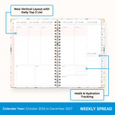 2027 weekly spread features ample lined writing space for to do lists, notes section, reference calendars, bullet points, and monthly tabs