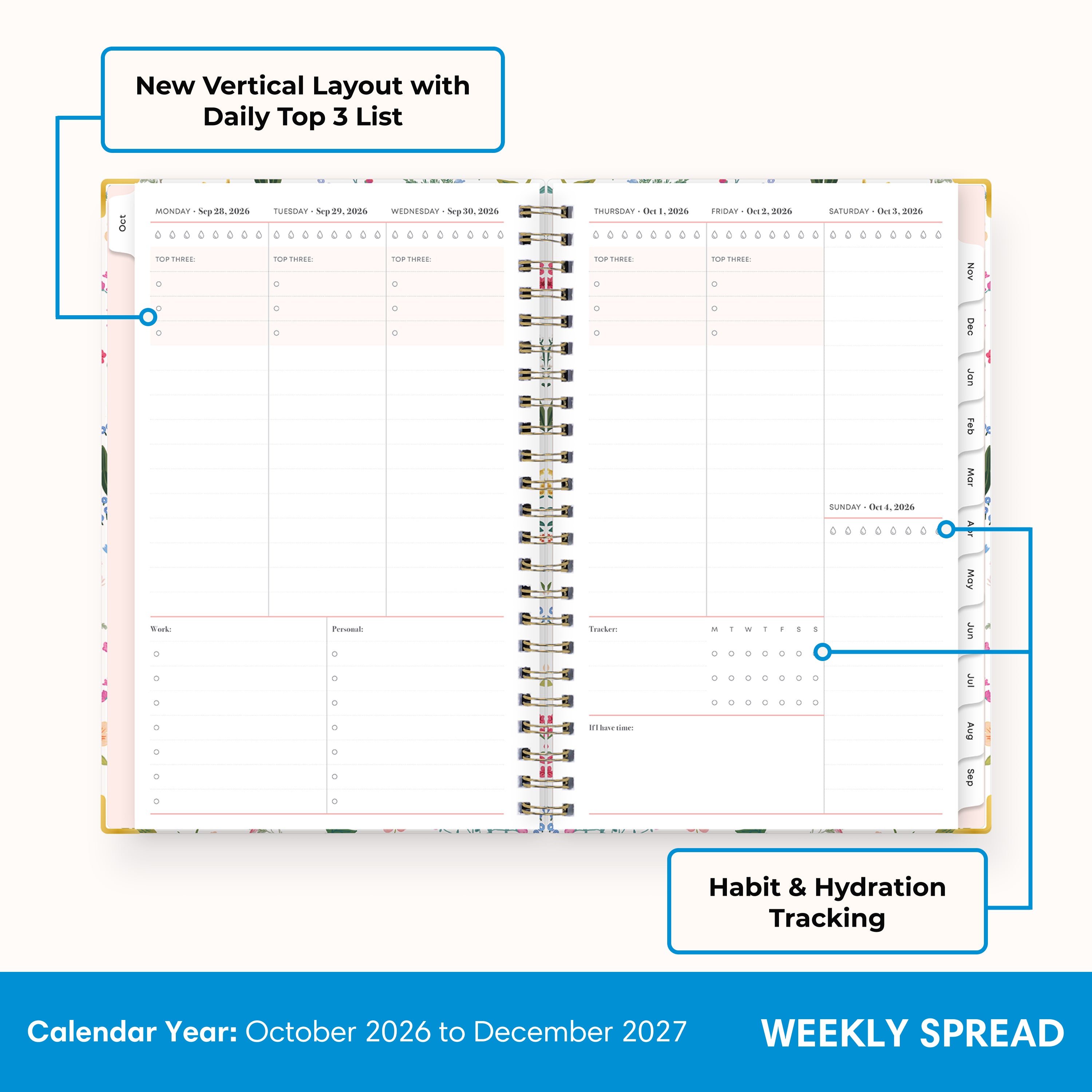 2027 weekly spread features ample lined writing space for to do lists, notes section, reference calendars, bullet points, and monthly tabs
