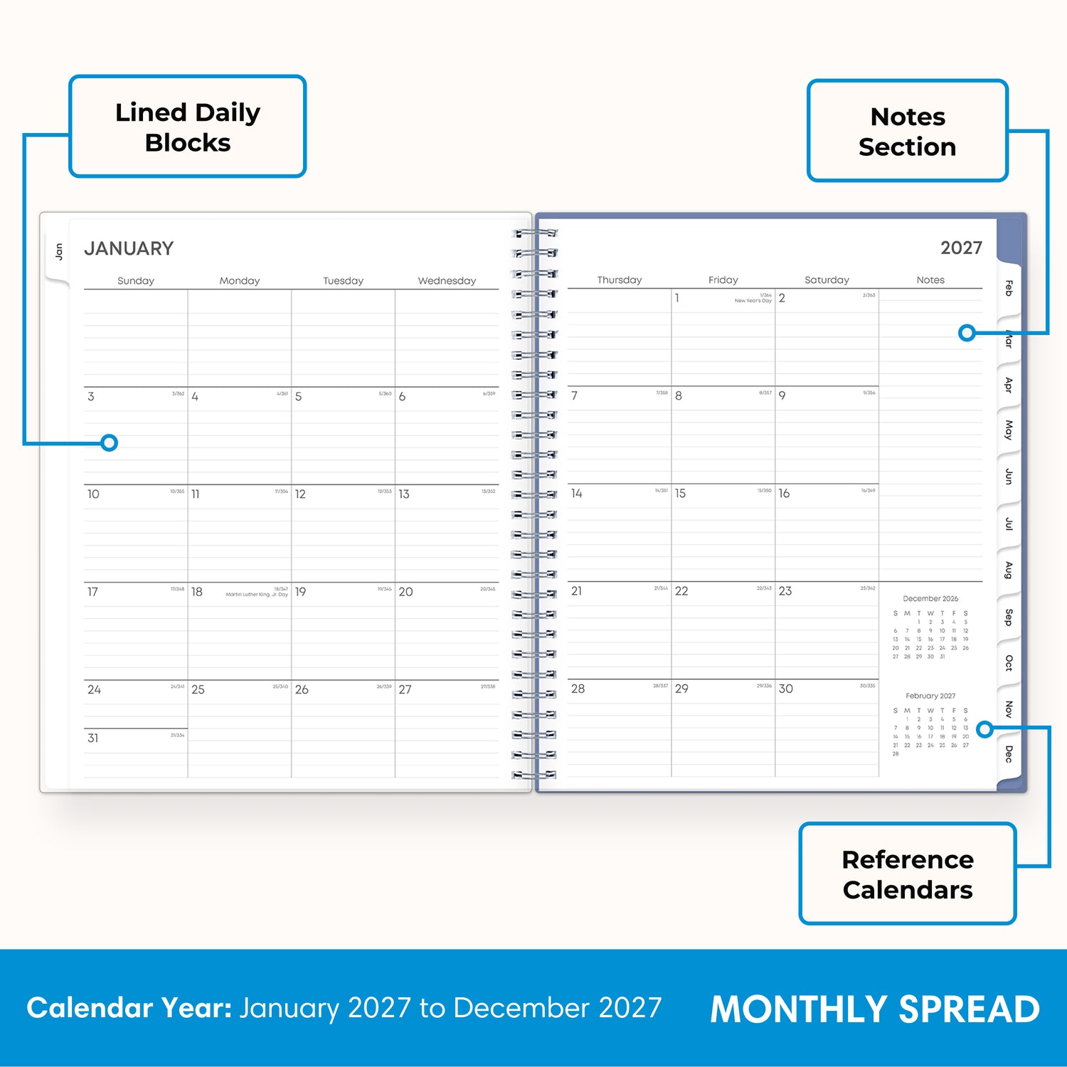 2027 monthly spread featuring ample lined writing space for each date, notes section, reference calendars, and monthly tabs