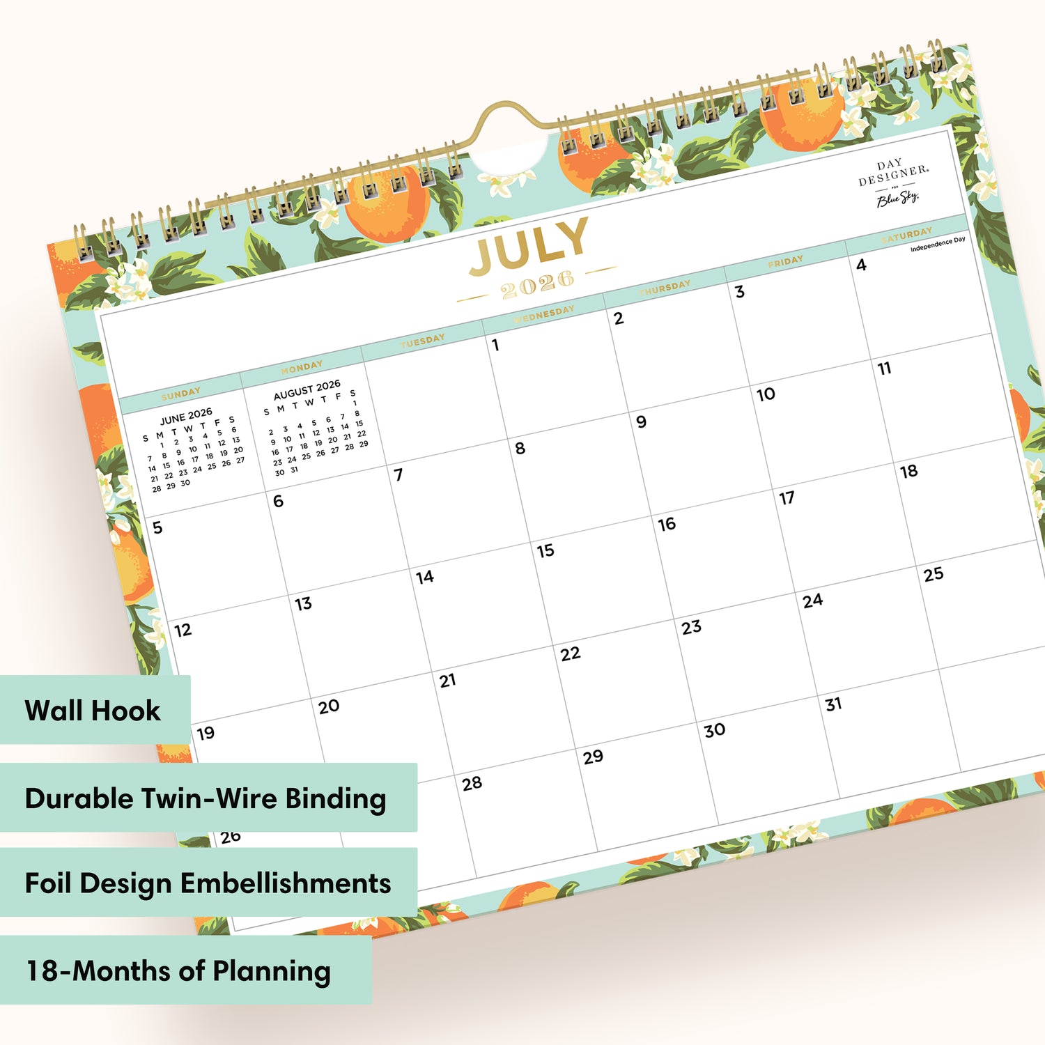 Calendar with July on a white background, featuring wall hook, durable binding, foil design, and 18-month planning.