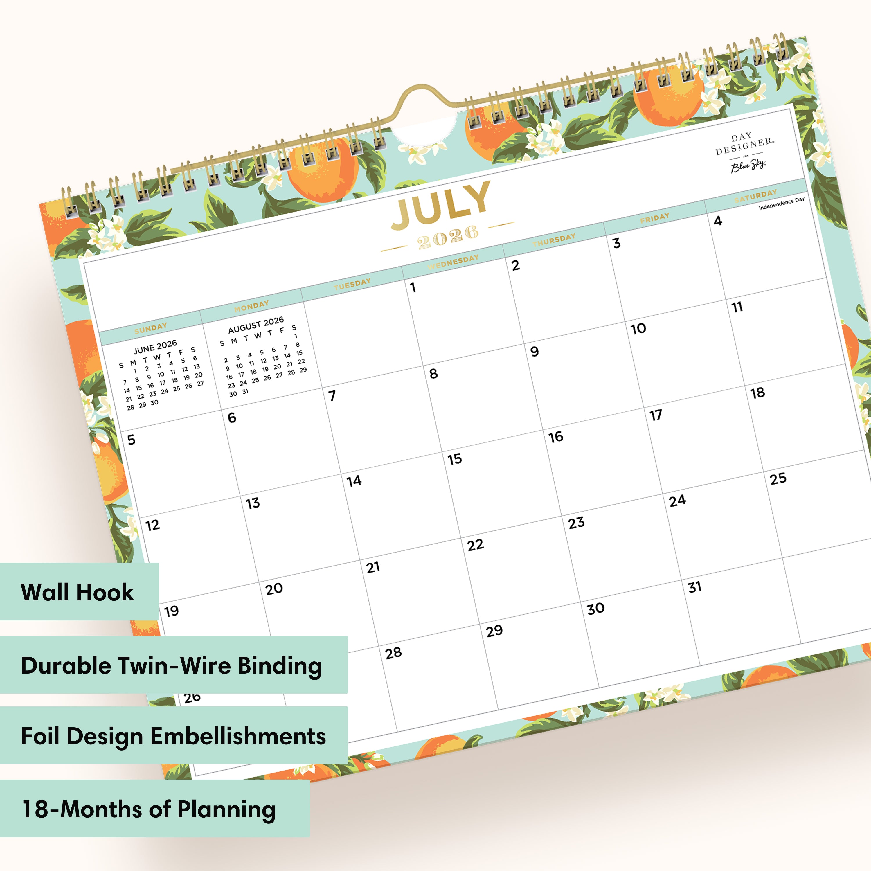 Calendar with July on a white background, featuring wall hook, durable binding, foil design, and 18-month planning.