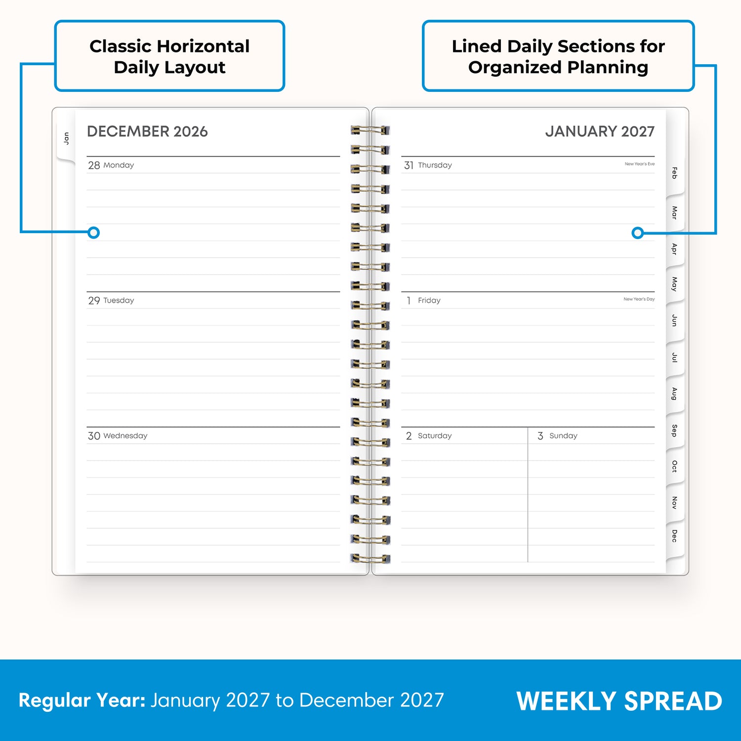 2027 weekly spread features ample lined writing space for to do lists, notes section, reference calendars, bullet points, and monthly tabs