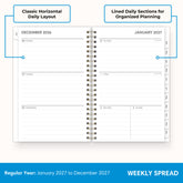 2027 weekly spread features ample lined writing space for to do lists, notes section, reference calendars, bullet points, and monthly tabs