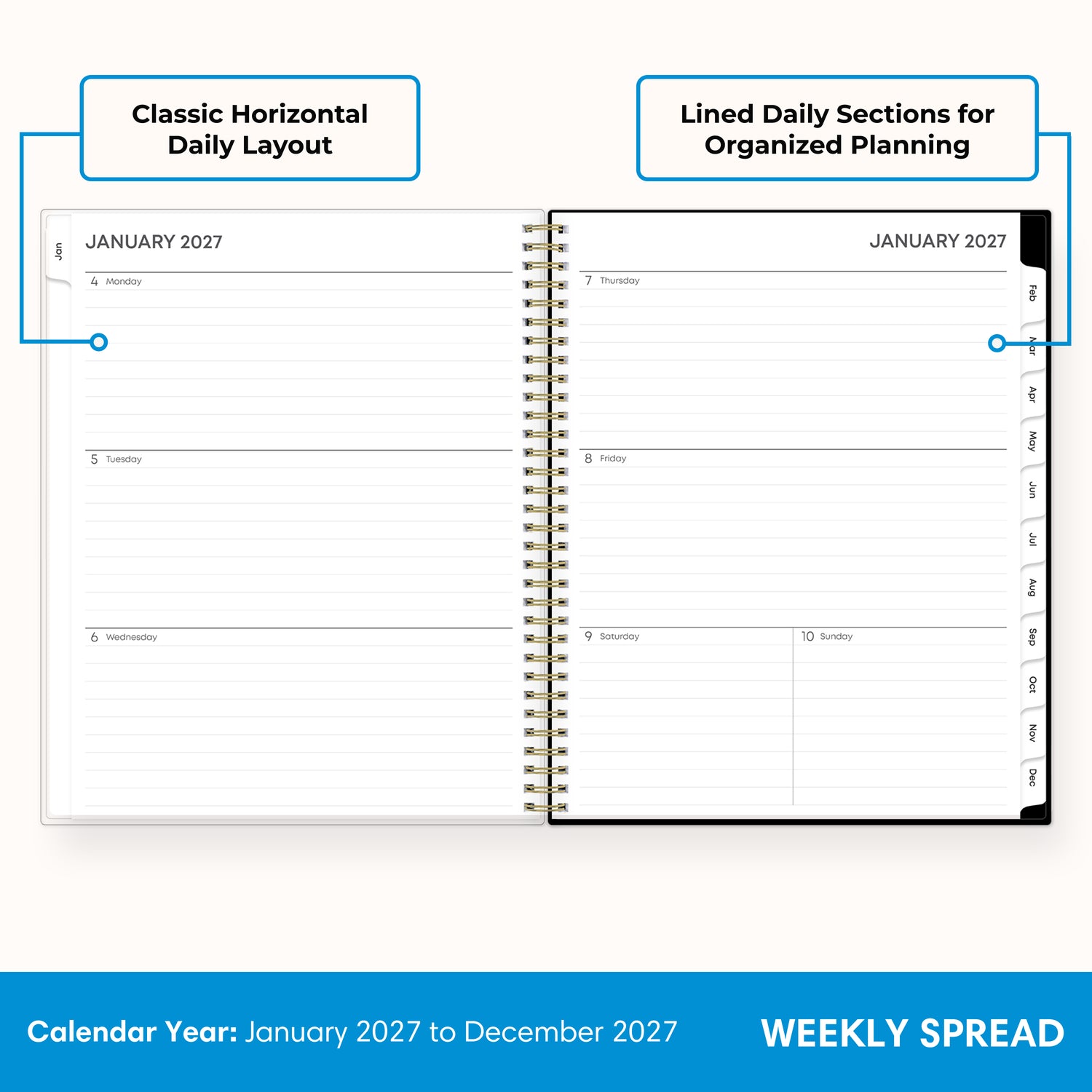 2027 weekly spread features ample lined writing space for to do lists, notes section, reference calendars, bullet points, and monthly tabs