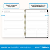 2027 weekly spread features ample lined writing space for to do lists, notes section, reference calendars, bullet points, and monthly tabs