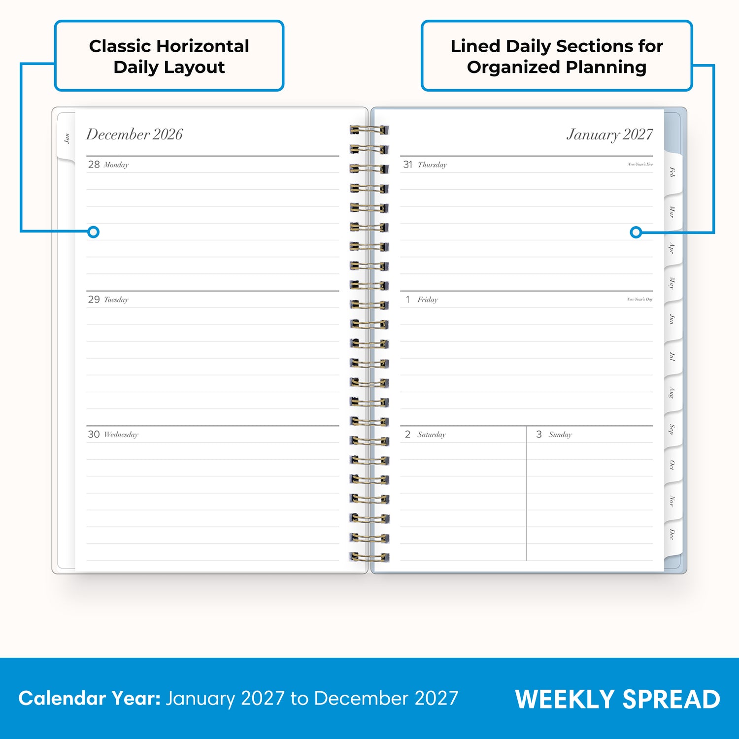 2027 weekly spread features ample lined writing space for to do lists, notes section, reference calendars, bullet points, and monthly tabs