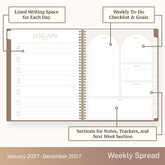 2027 weekly spread features ample lined writing space for to do lists, notes section, reference calendars, bullet points, and monthly tabs