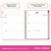 2026-2027 weekly spread featuring ample writing space, bullet points, to do-list.
