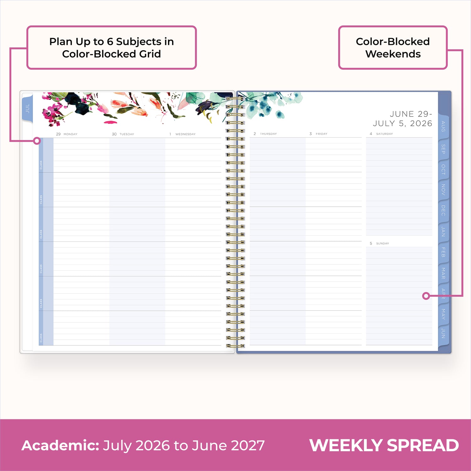 2026-2027 weekly spread designed specifically for students features 6 subjects and student planning on lined writing space, notes section, and ample room for note taking
