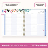 2026-2027 weekly spread designed specifically for students features 6 subjects and student planning on lined writing space, notes section, and ample room for note taking
