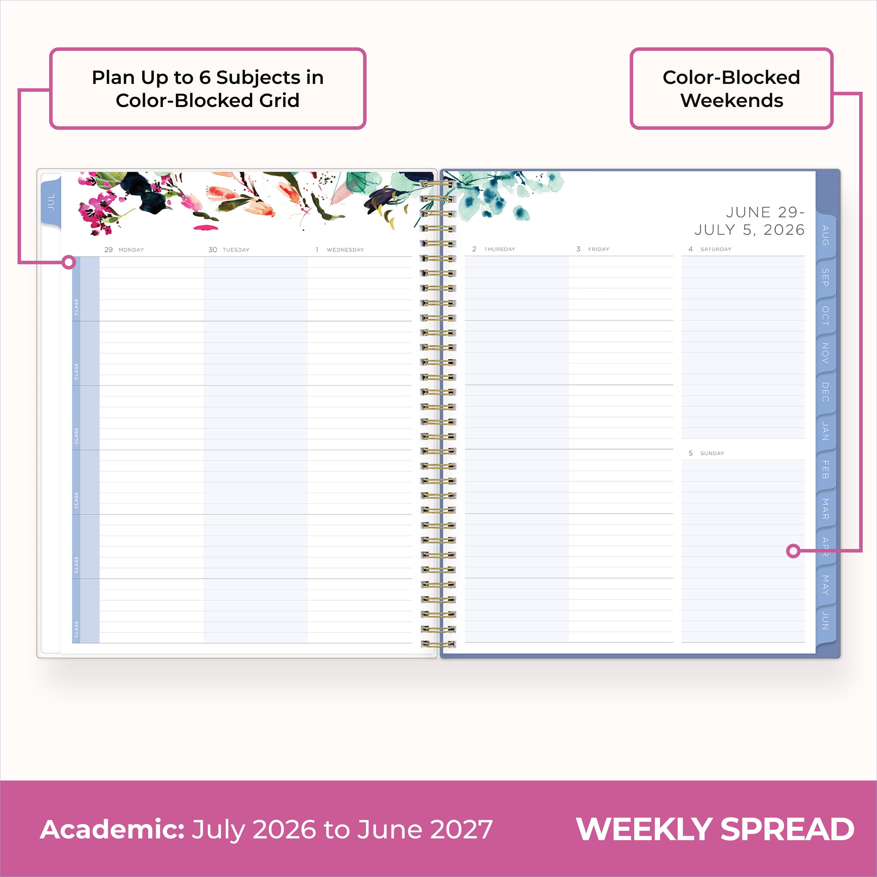 2026-2027 weekly spread designed specifically for students features 6 subjects and student planning on lined writing space, notes section, and ample room for note taking

