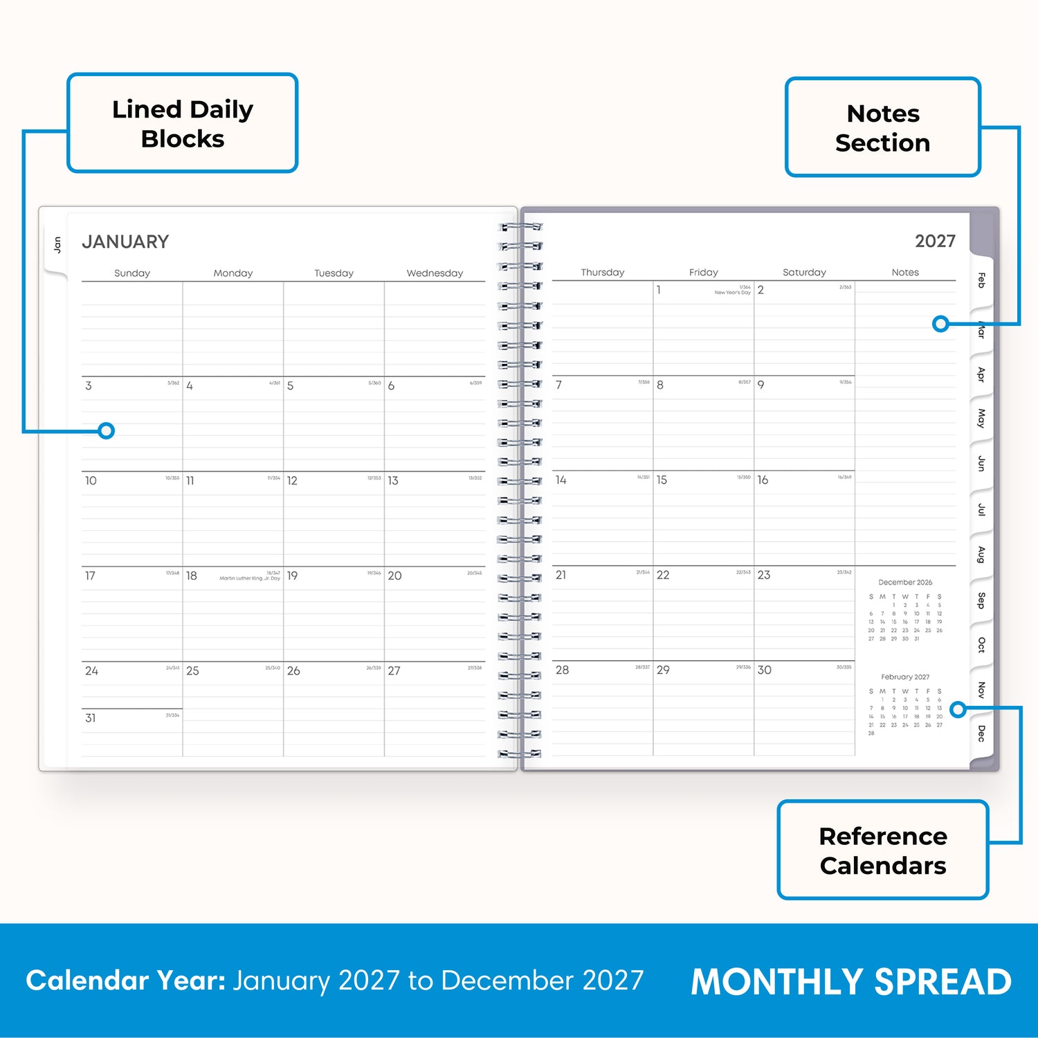 2027 monthly spread featuring ample lined writing space for each date, notes section, reference calendars, and monthly tabs