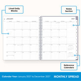 2027 monthly spread featuring ample lined writing space for each date, notes section, reference calendars, and monthly tabs