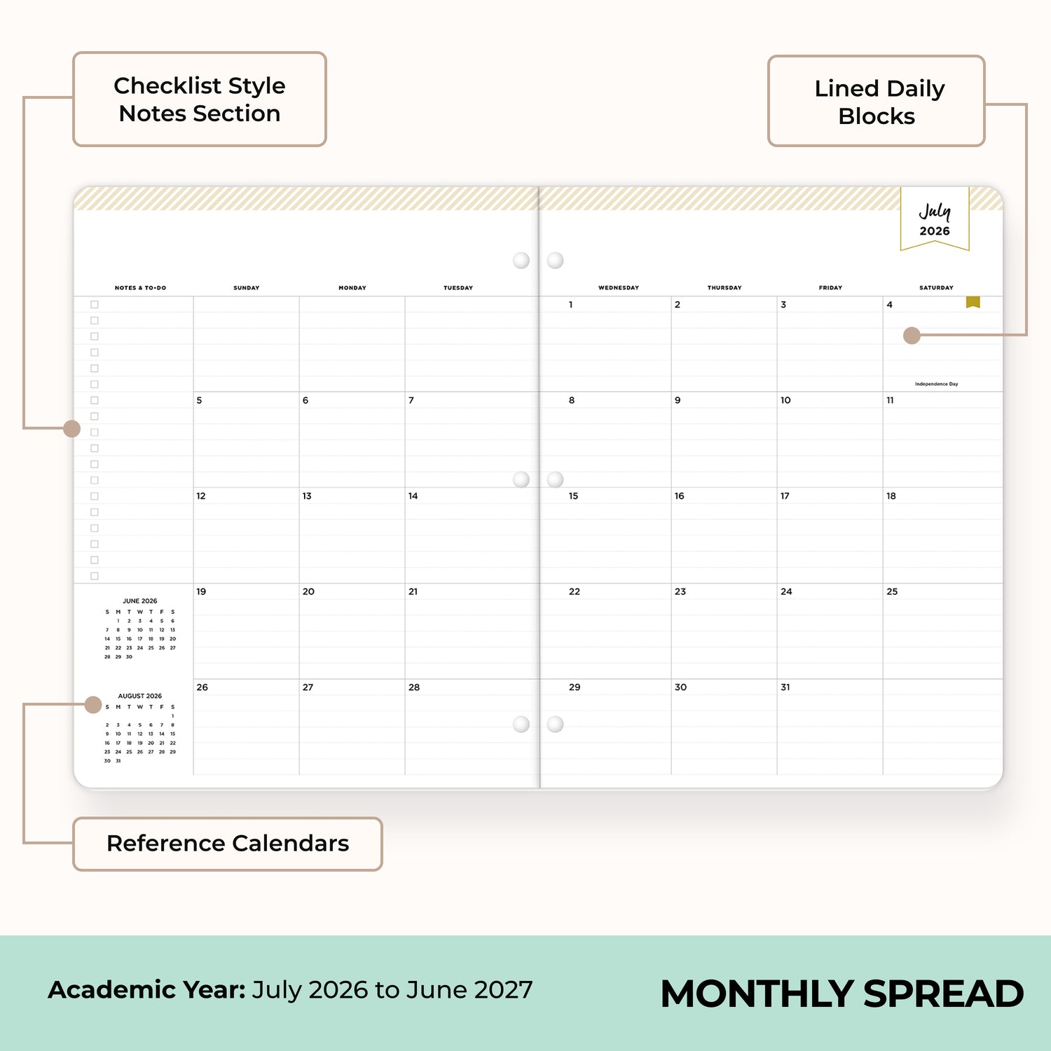 this july 2026 - june 2027 planner features a monthly spread with ample writing space for each day, monthly reference calendar, sections for note taking, bullet points, and check lists.
