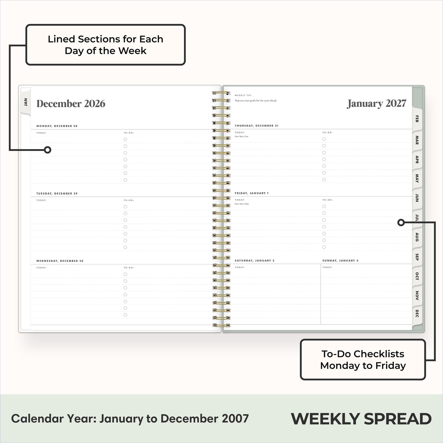 2027 weekly spread features ample lined writing space for to do lists, notes section, reference calendars, bullet points, and monthly tabs