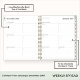 2027 weekly spread features ample lined writing space for to do lists, notes section, reference calendars, bullet points, and monthly tabs