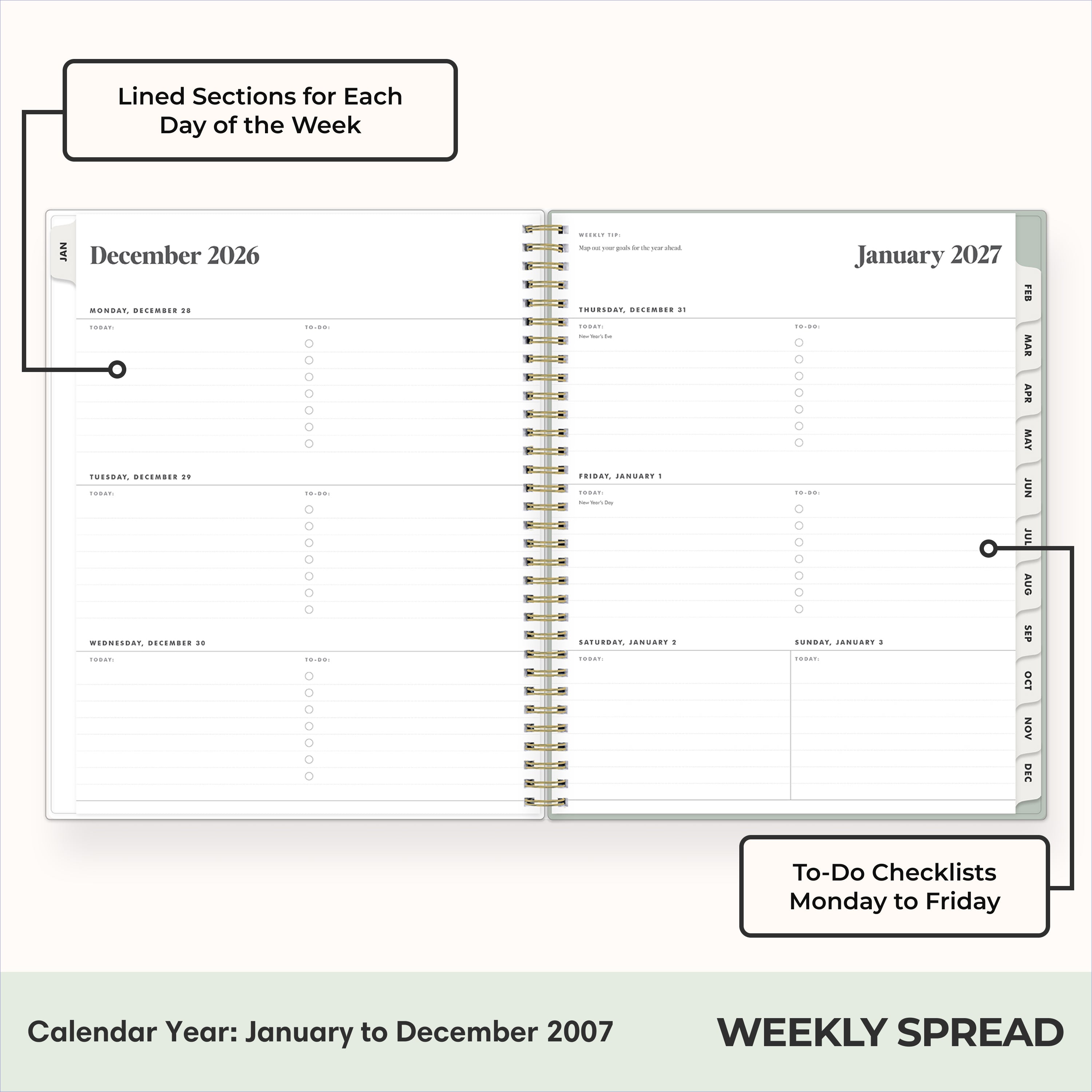 2027 weekly spread features ample lined writing space for to do lists, notes section, reference calendars, bullet points, and monthly tabs