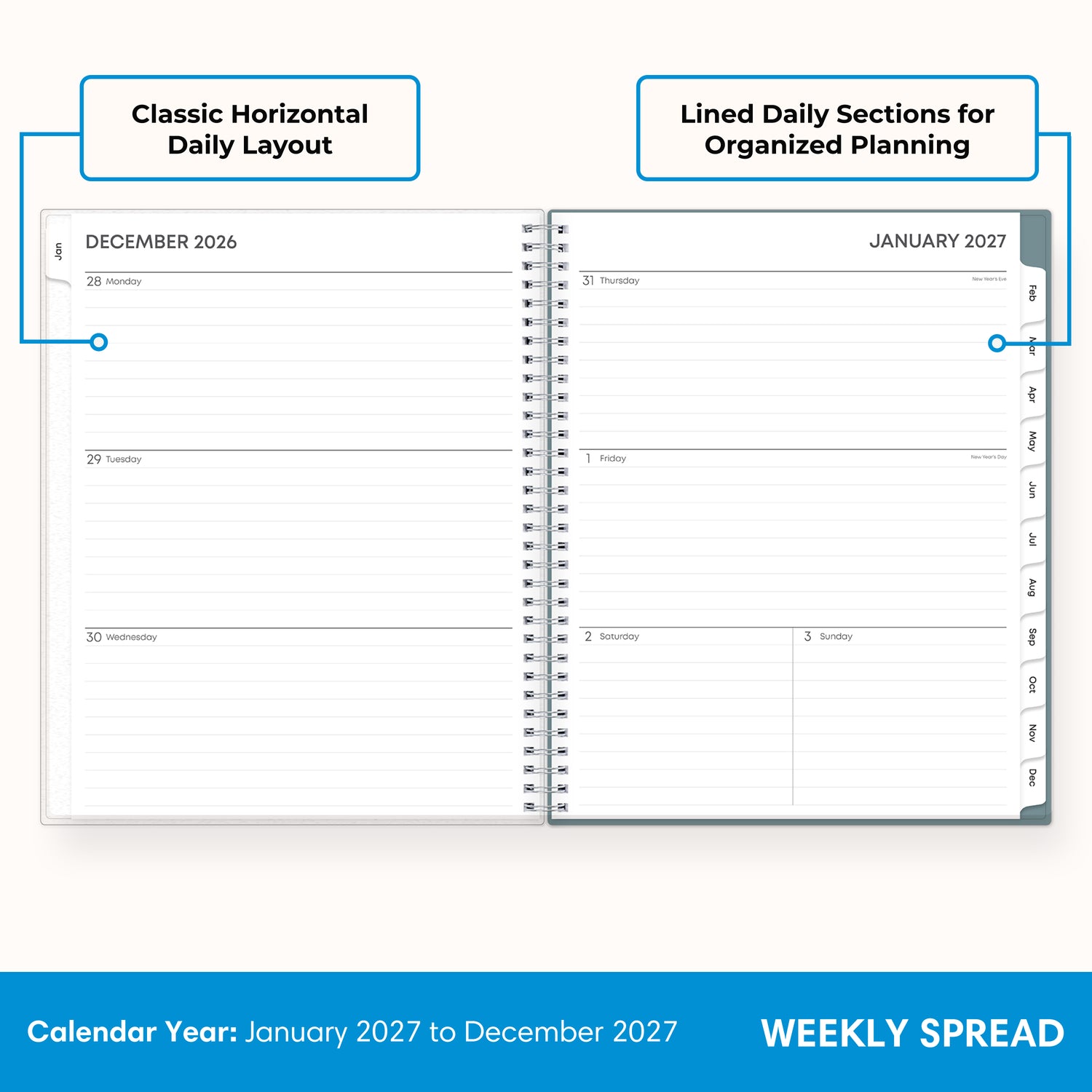 2027 weekly spread features ample lined writing space for to do lists, notes section, reference calendars, bullet points, and monthly tabs