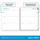 2027 weekly spread features ample lined writing space for to do lists, notes section, reference calendars, bullet points, and monthly tabs