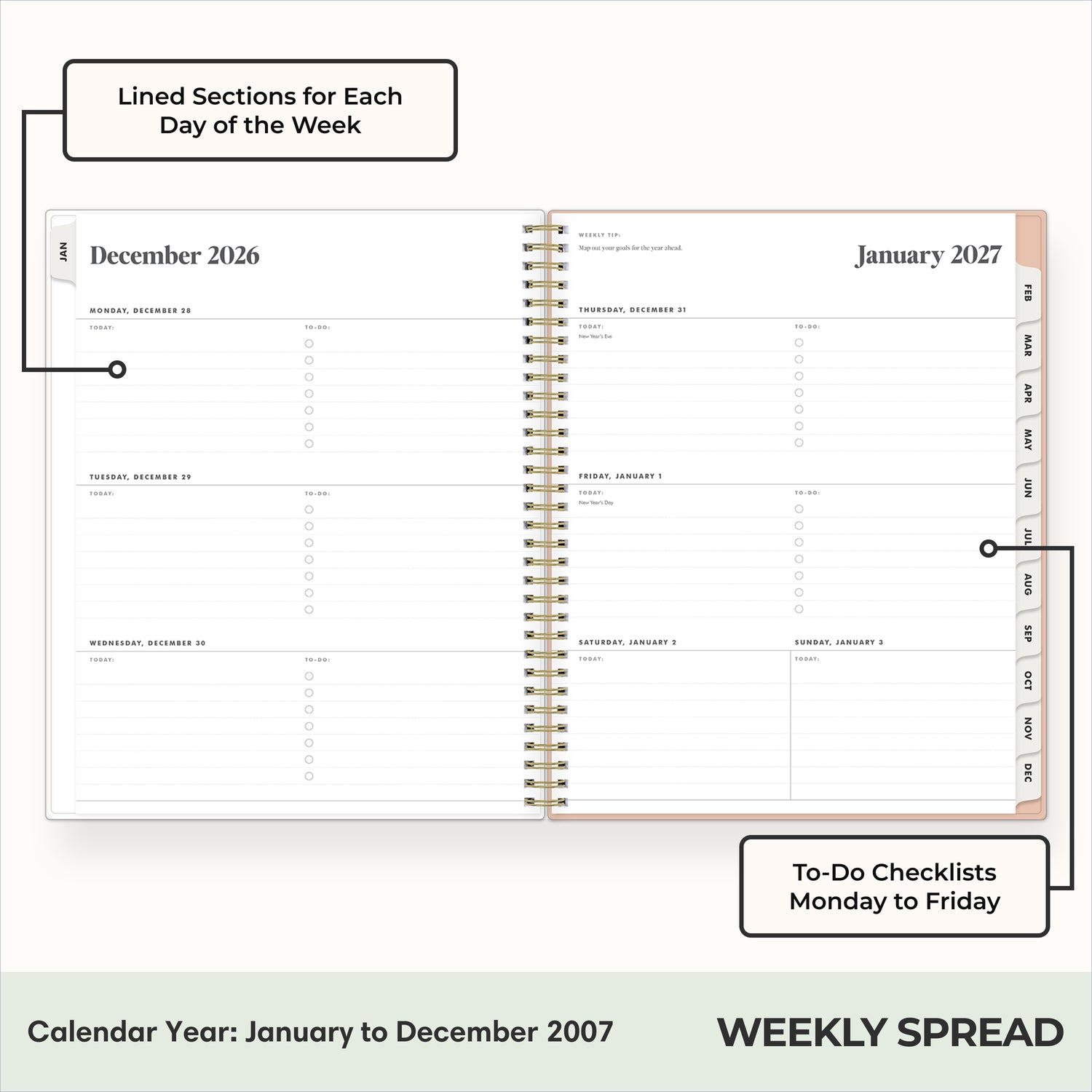 2027 weekly spread features ample lined writing space for to do lists, notes section, reference calendars, bullet points, and monthly tabs
