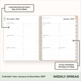 2027 weekly spread features ample lined writing space for to do lists, notes section, reference calendars, bullet points, and monthly tabs