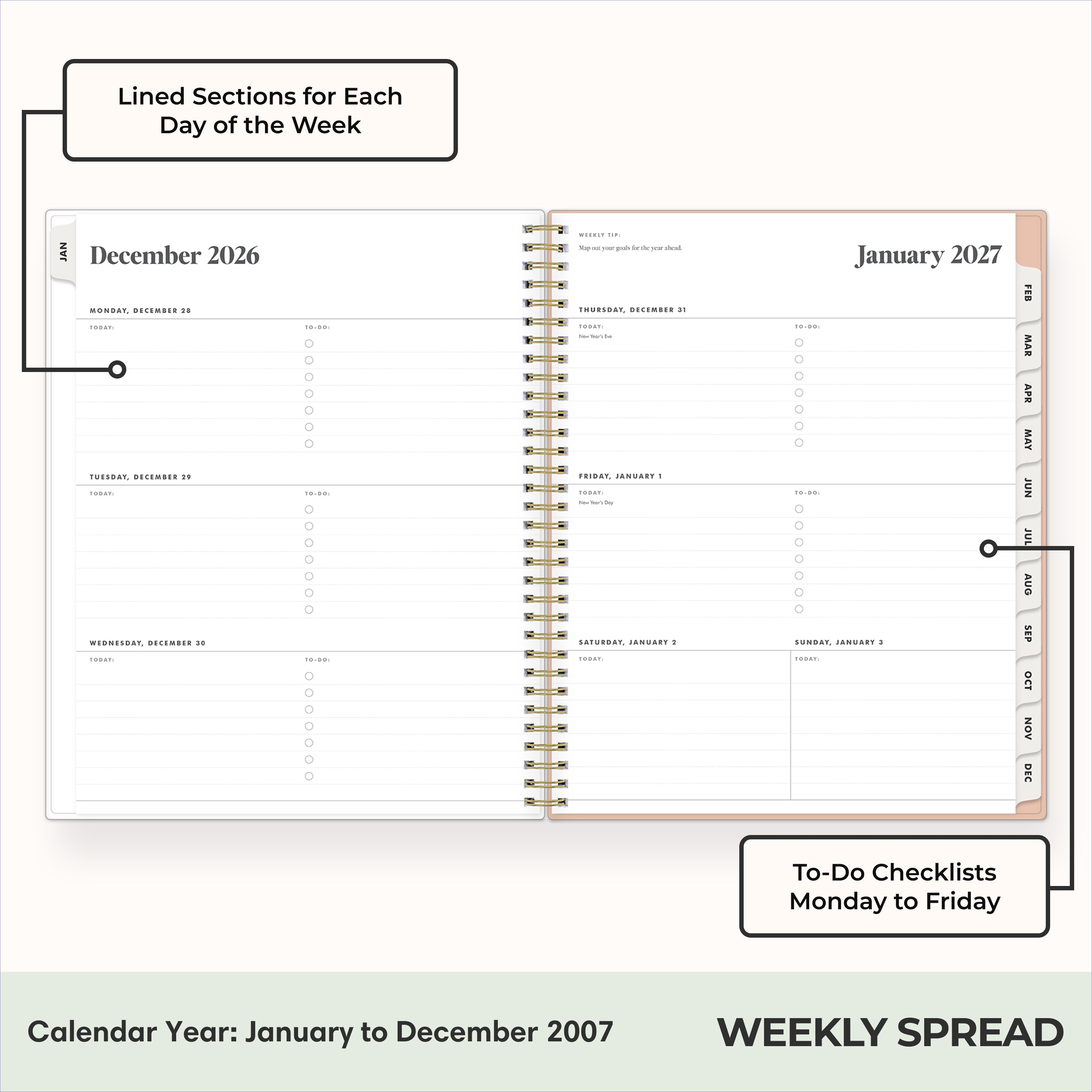 2027 weekly spread features ample lined writing space for to do lists, notes section, reference calendars, bullet points, and monthly tabs