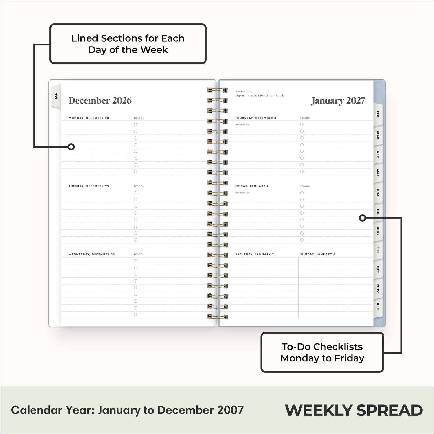 2027 weekly spread features ample lined writing space for to do lists, notes section, reference calendars, bullet points, and monthly tabs