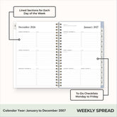 2027 weekly spread features ample lined writing space for to do lists, notes section, reference calendars, bullet points, and monthly tabs