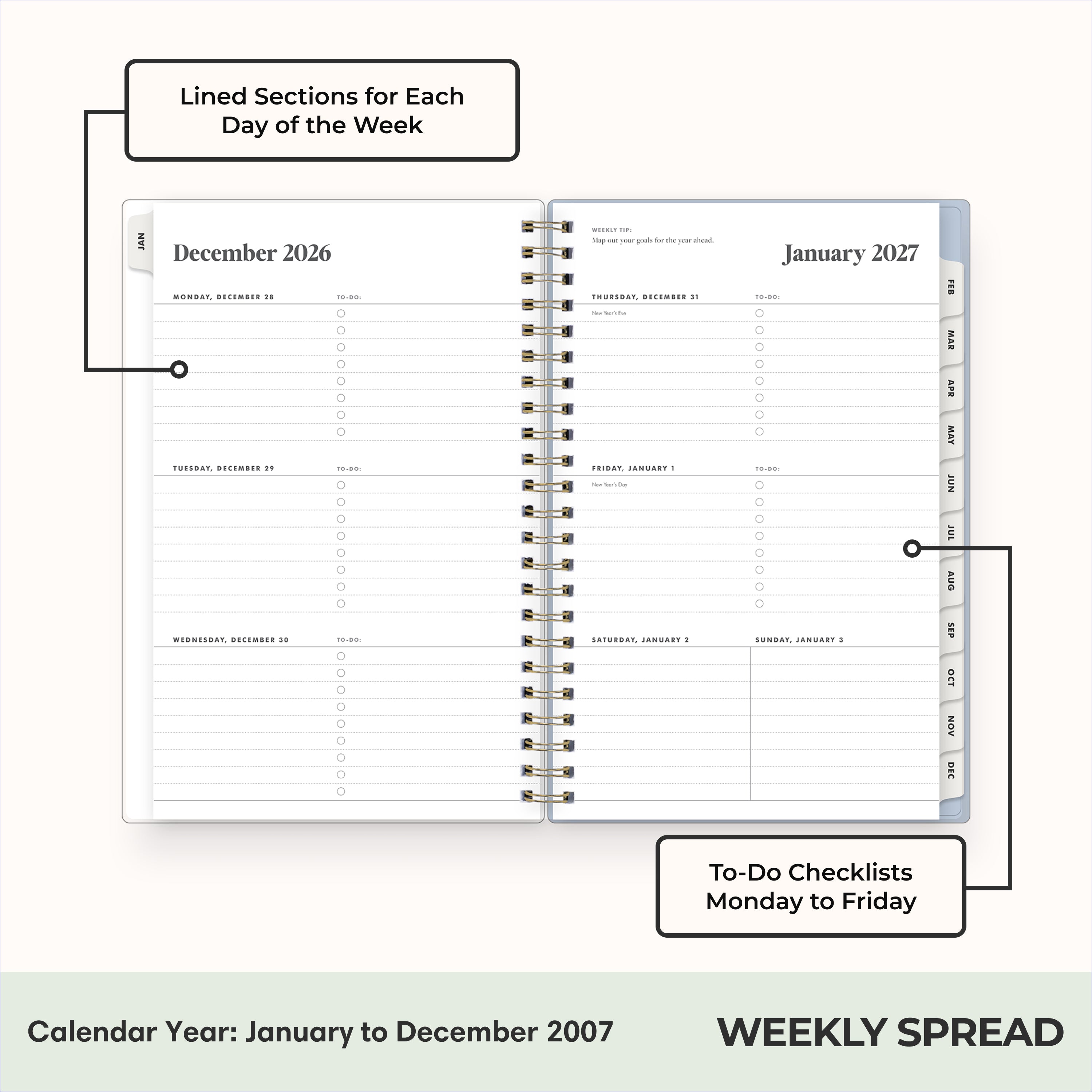 2027 weekly spread features ample lined writing space for to do lists, notes section, reference calendars, bullet points, and monthly tabs