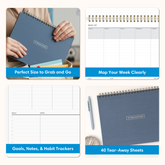 optimal size planning pad featuring tear away sheets, weekly view, and goals notes and habit tracker section
