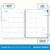 2027 monthly spread featuring ample lined writing space for each date, notes section, reference calendars, and monthly tabs
