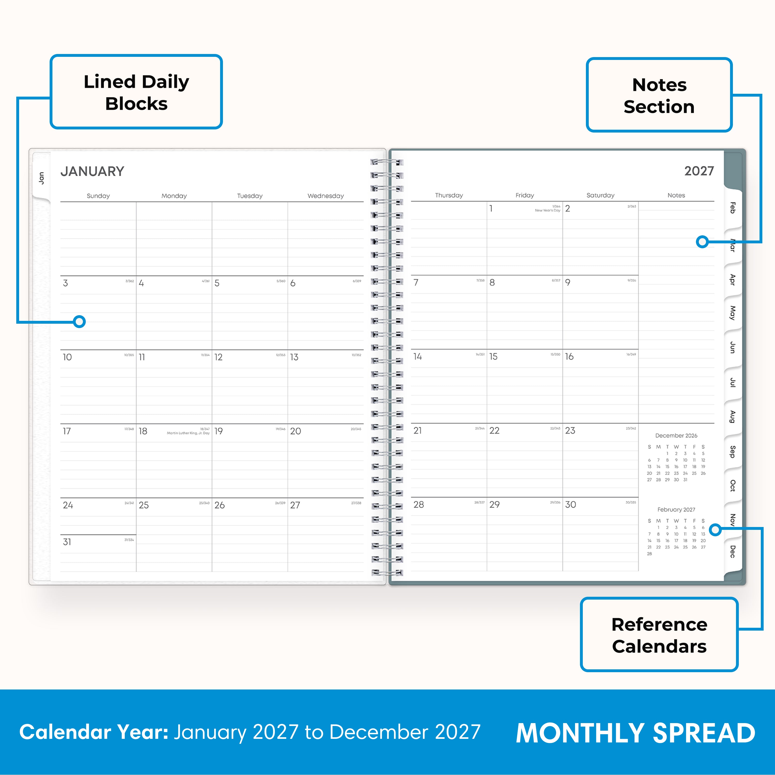 2027 monthly spread featuring ample lined writing space for each date, notes section, reference calendars, and monthly tabs