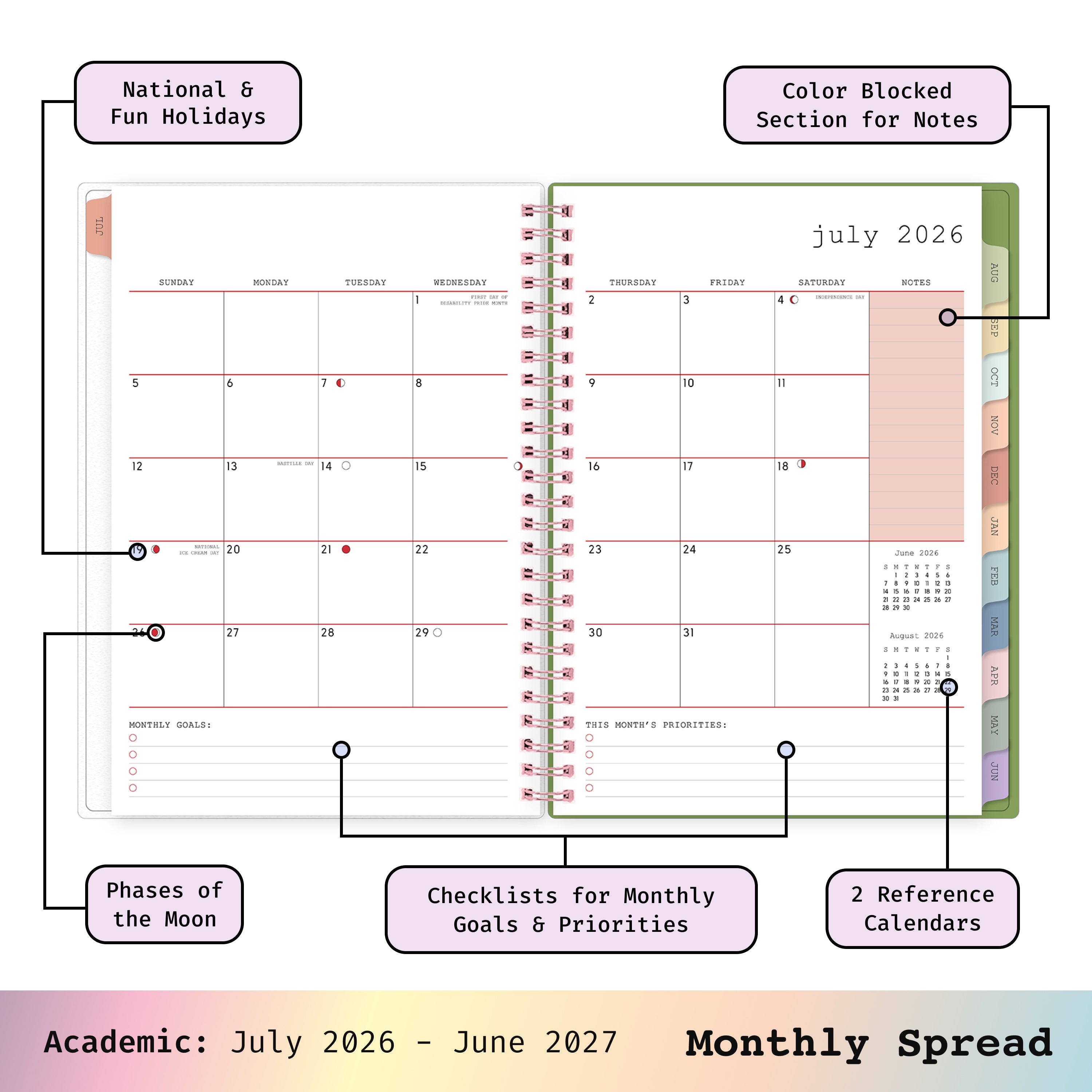 this july 2026 - june 2027 planner features a monthly spread with ample writing space for each day, monthly reference calendar, sections for note taking, bullet points, and check lists.
