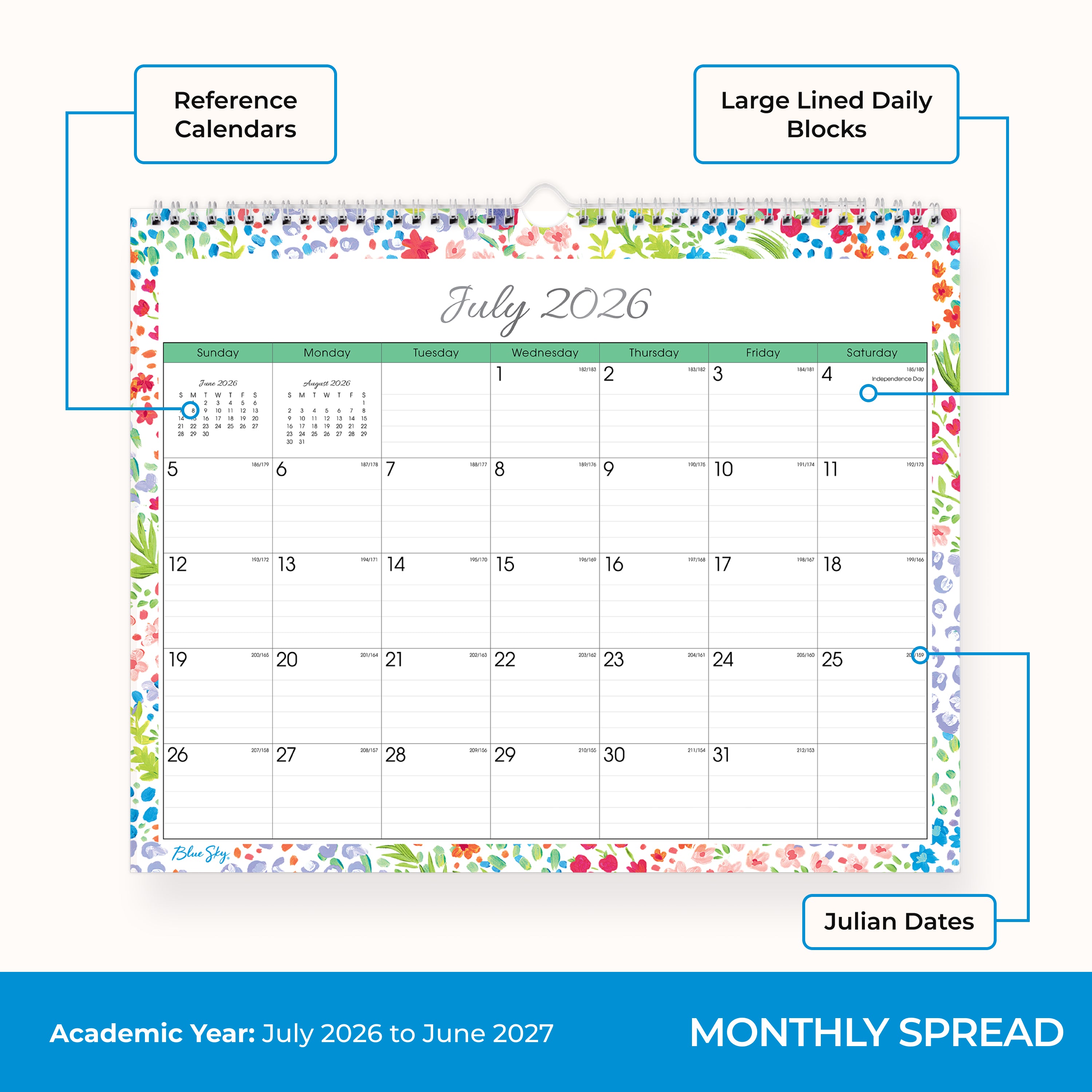 15x12 wall calendar for july 2026 - june 2027 featuring lined writing space and a floral border