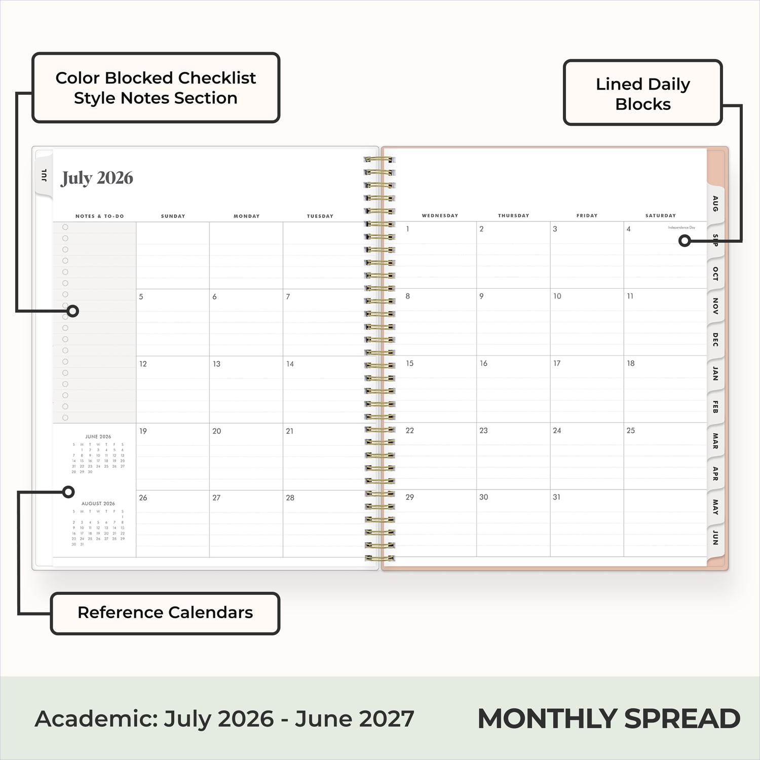 this july 2026 - june 2027 features a monthly spread with ample writing space for each day, monthly reference calendar, sections for note taking, bullet points, and check lists.
