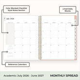 this july 2026 - june 2027 features a monthly spread with ample writing space for each day, monthly reference calendar, sections for note taking, bullet points, and check lists.

