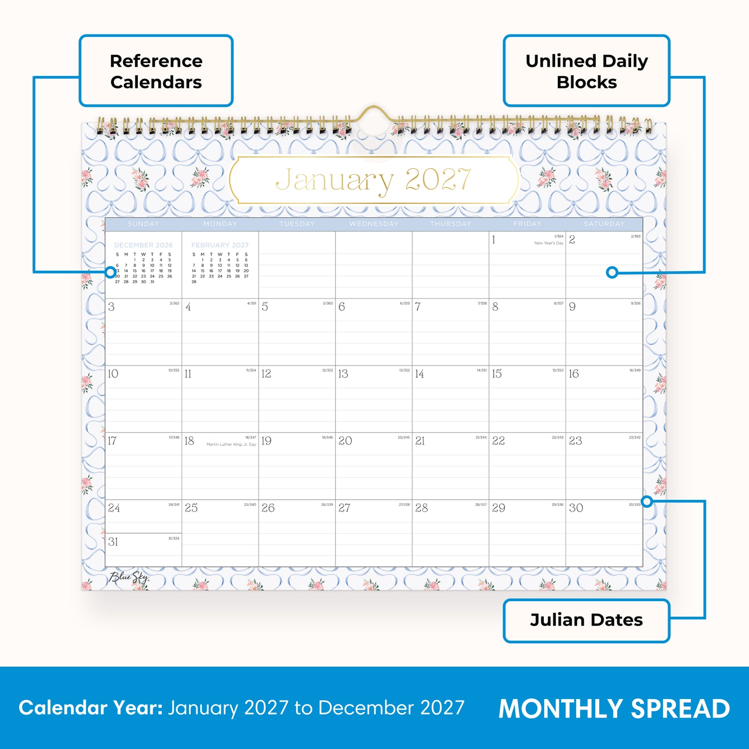 lined writing space for each day on this january 2027 to december 2027 wall calendar + reference calendars