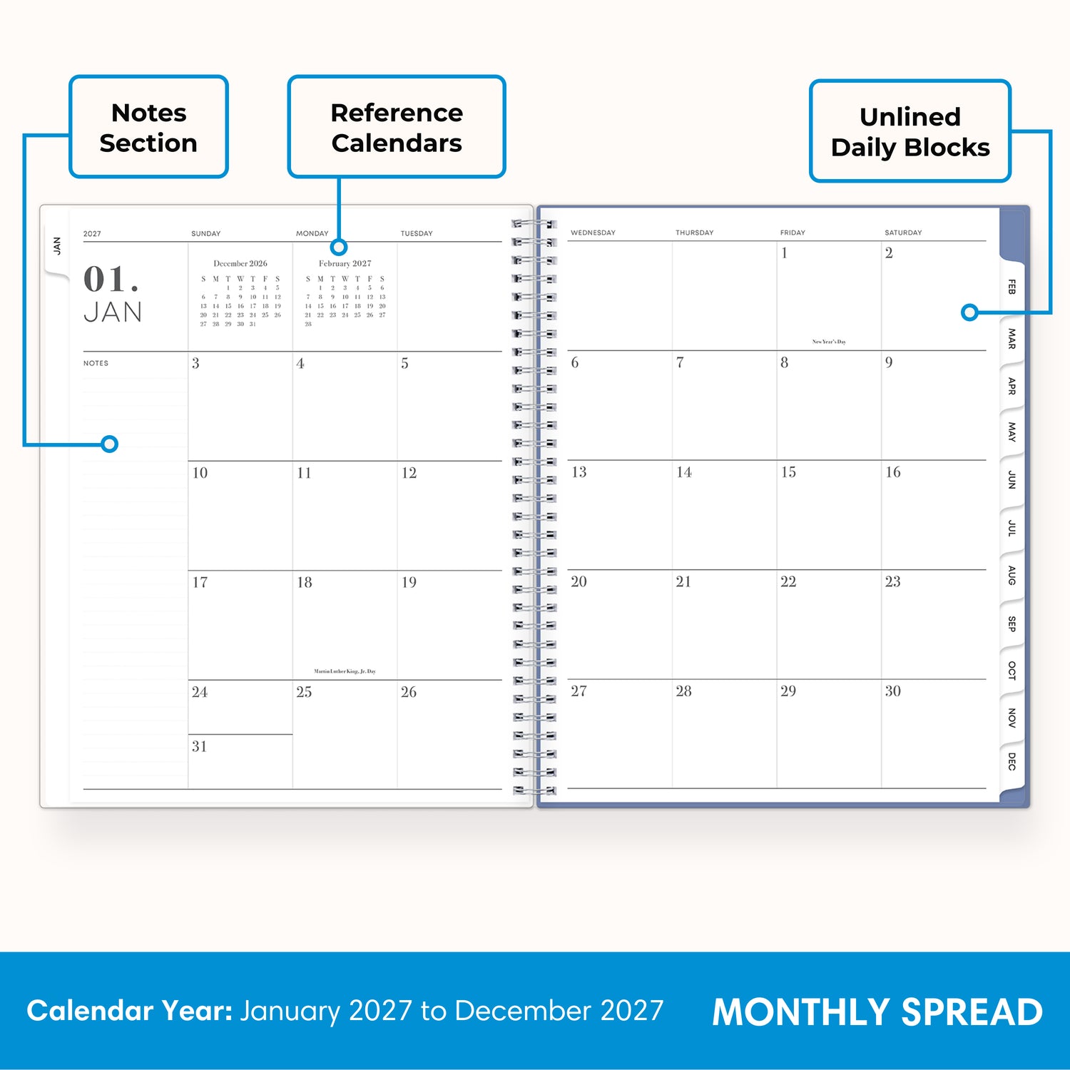 2027 monthly spread featuring ample blank writing space for each date, notes section, reference calendars, and monthly tabs