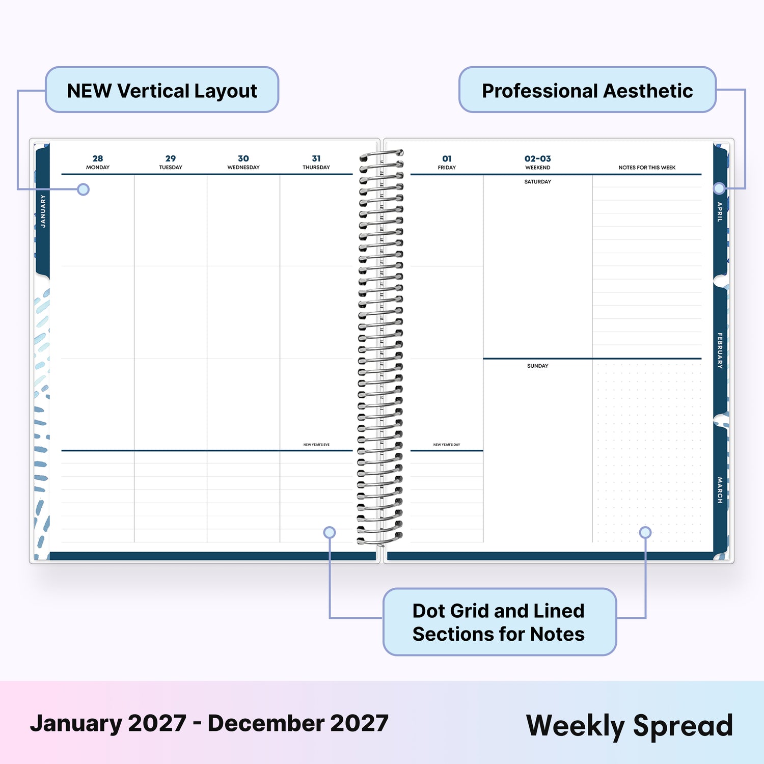 weekly spread for 2027 planner featuring both blank and lined writing space sections and navy colored monthly tabs, ample writing space for each day