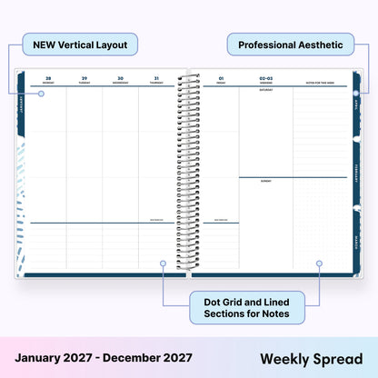weekly spread for 2027 planner featuring both blank and lined writing space sections and navy colored monthly tabs, ample writing space for each day