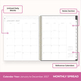 2027 monthly spread featuring ample lined writing space for each date, notes section, reference calendars, and monthly tabs