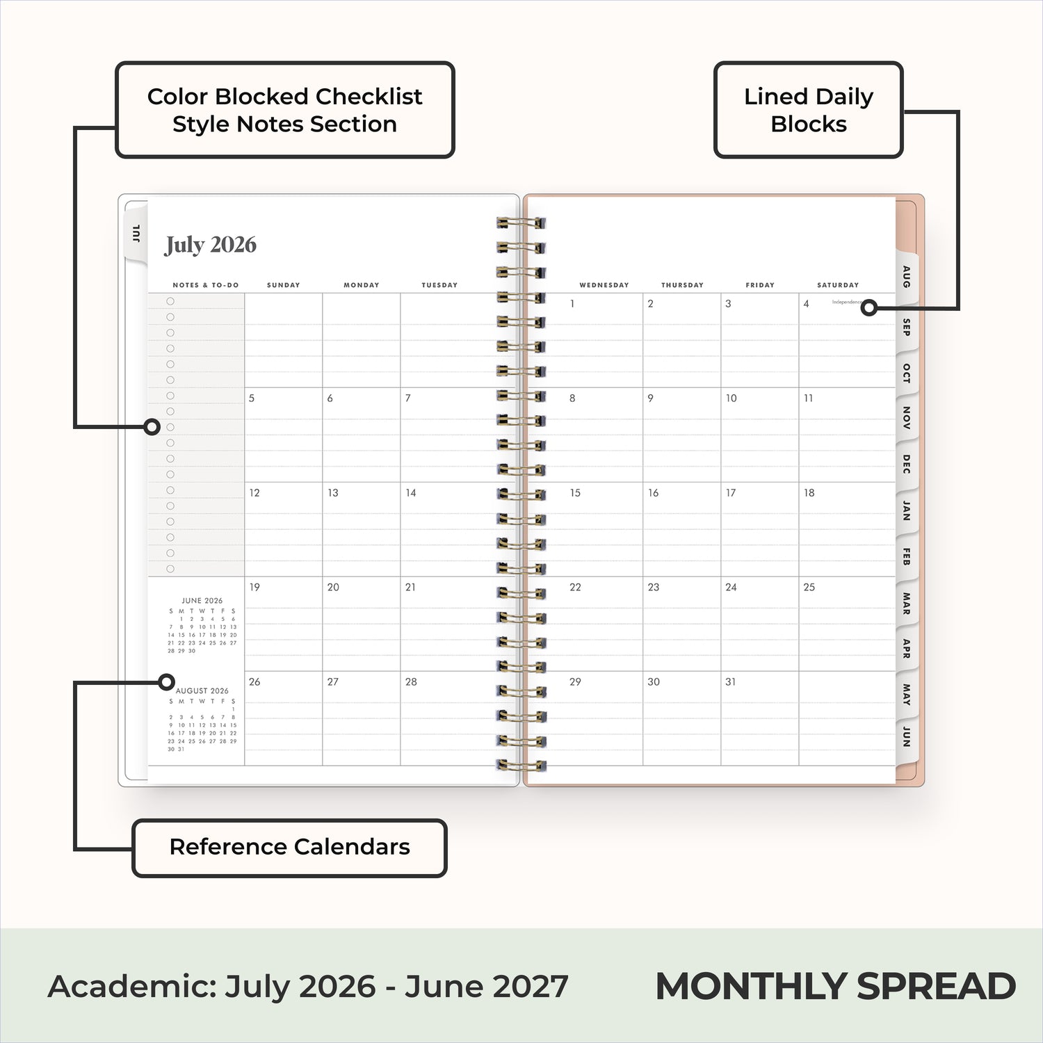 this july 2026 - june 2027 features a monthly spread with ample writing space for each day, monthly reference calendar, sections for note taking, bullet points, and check lists. 
