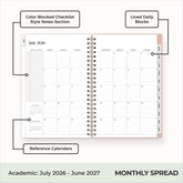 this july 2026 - june 2027 features a monthly spread with ample writing space for each day, monthly reference calendar, sections for note taking, bullet points, and check lists. 
